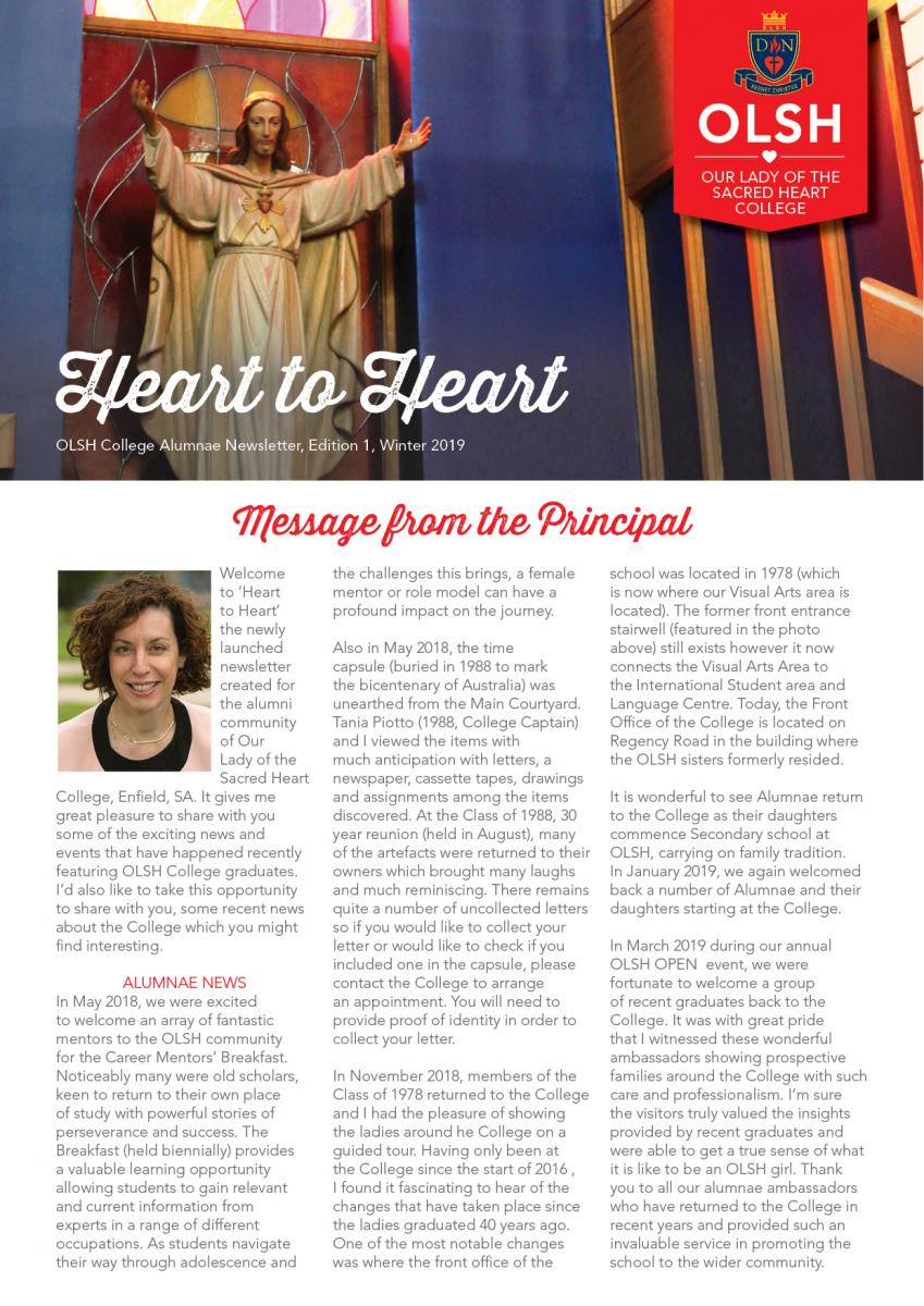 Heart to Heart OLSH College Newsletter edition 1 cover
